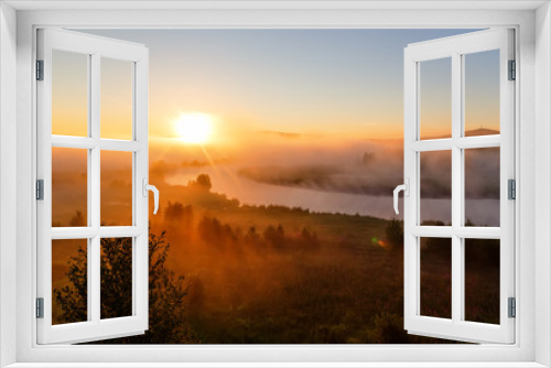 Fototapeta Naklejka Na Ścianę Okno 3D - sunrise with the mist over the river and forest in Ural Russia in the summer