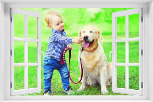 Fototapeta Naklejka Na Ścianę Okno 3D - Little boy child is playing with Golden Retriever dog on the grass on a summer park