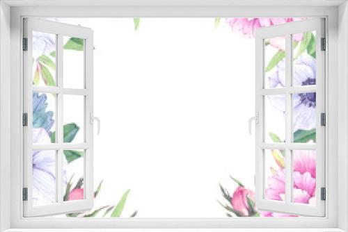 Fototapeta Naklejka Na Ścianę Okno 3D - Watercolor illustration. Floral frame with spring flowers. Wedding invitation/greeting card with leaves, peonies, anemones. Ready to use card. Save the date.