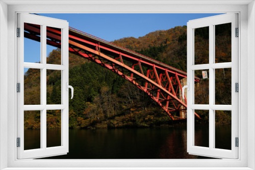 Fototapeta Naklejka Na Ścianę Okno 3D - River and autumn leaves, mountain and red bridge