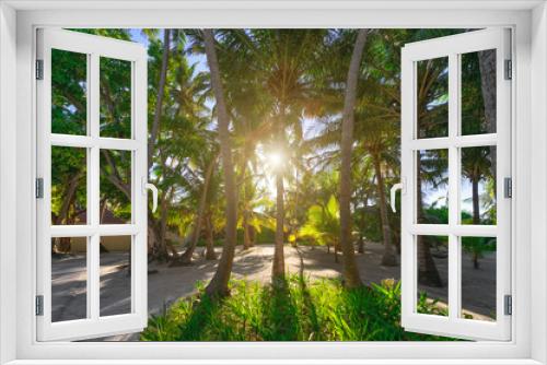 Fototapeta Naklejka Na Ścianę Okno 3D - Palm trees with sunset shining through