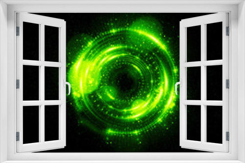 Fototapeta Naklejka Na Ścianę Okno 3D - 3D Atom icon. Luminous nuclear model on dark background. Glowing energy balls. Molecule structure. Trace atoms and electrons..Physics concept. Microscopic forms. Nuclear reaction element. Supernova