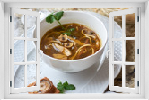 Fototapeta Naklejka Na Ścianę Okno 3D - Asian cuisine. Mushroom soup with egg noodles served with toast, bread and white wine on marble background.