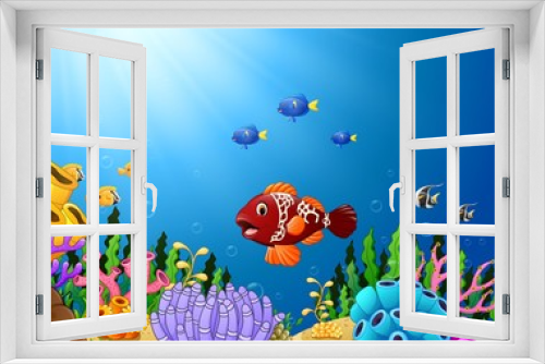 Fototapeta Naklejka Na Ścianę Okno 3D - Cartoon tropical fish with beautiful underwater world