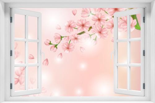Fototapeta Naklejka Na Ścianę Okno 3D - Nature background with blossom of pink sakura flowers, leaves and buds. Shining vector template with beautiful pink flowers branch and soaring petals