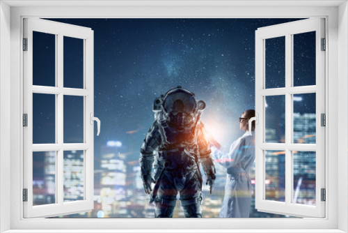 Fototapeta Naklejka Na Ścianę Okno 3D - Scientists designing space suit. Mixed media