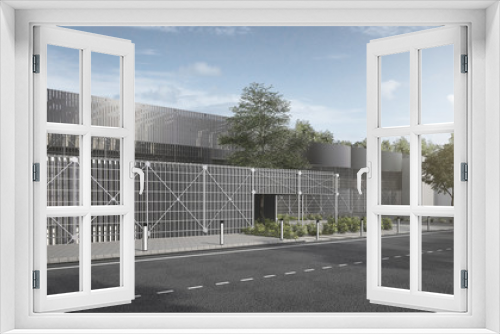 Fototapeta Naklejka Na Ścianę Okno 3D - 3d rendering modern industrial metal and steel structure building with tree and road