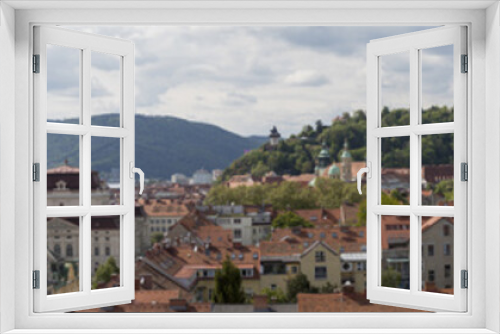Fototapeta Naklejka Na Ścianę Okno 3D - Panorama Graz mit Schlossberg und Uhrturm