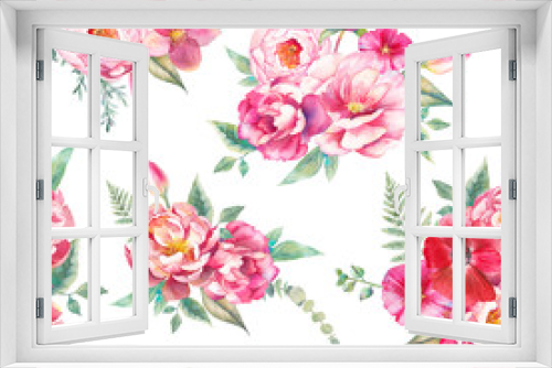 Fototapeta Naklejka Na Ścianę Okno 3D - Watercolor seamless pattern with peonies flowers, fern and eucalyptus leaves. Hand painted repeating background with floral elements, peony, roses, tulip flowers. Garden style texture