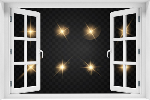 Fototapeta Naklejka Na Ścianę Okno 3D - Set. Shining star, the sun particles and sparks with a highlight effect, golden bokeh lights glitter and sequins. On a dark background transparent. Vector, EPS10