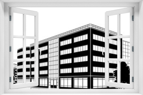 Fototapeta Naklejka Na Ścianę Okno 3D - silhouette office building with an entrance and reflection