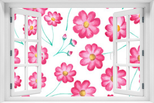 Fototapeta Naklejka Na Ścianę Okno 3D - Vector seamless floral pattern with cosmos flowers (pink asters). Watercolor painting, stylish vector illustration with blooming plants isolated on white. Design element for prints, decor, fabric
