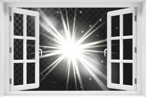 Fototapeta Naklejka Na Ścianę Okno 3D - Vector illustration of a white glowing light effect with rays and lens flares isolated on a dark translucent background