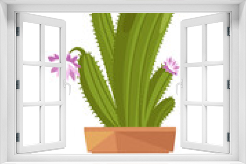 Fototapeta Naklejka Na Ścianę Okno 3D - Cute potted cactus isolated icon. Plants indoor room, houseplant, floral interior decoration design element vector illustration.