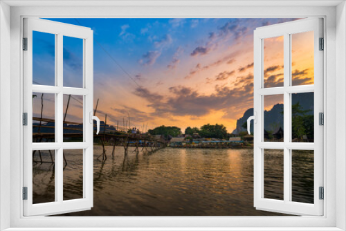 Fototapeta Naklejka Na Ścianę Okno 3D - View form Song river in evening with beautiful sunset at Vangvieng Lao.