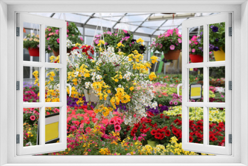 Fototapeta Naklejka Na Ścianę Okno 3D - large greenhouse with beautiful flowers and plants for sale in t