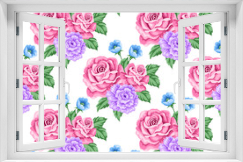 Fototapeta Naklejka Na Ścianę Okno 3D - Seamless pattern with roses and flowers. Vector Illustration in retro style