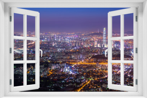 Fototapeta Naklejka Na Ścianę Okno 3D - Seoul city and downtown skyline and skyscraper at night, The best view of South Korea with Lotte world mall at Namhansanseong Fortress.