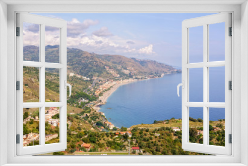 Fototapeta Naklejka Na Ścianę Okno 3D - View of the coast of the Ionian Sea and the bay of Giardini Naxos from Teatro Greco - Taormina, Sicily, Italy