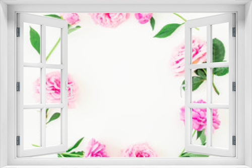 Fototapeta Naklejka Na Ścianę Okno 3D - Frame of pink flowers, roses and peony on white background. Floral composition. Flat lay, top view.