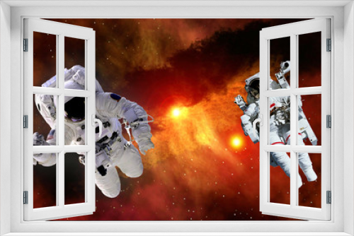 Fototapeta Naklejka Na Ścianę Okno 3D - Two astronaut planet spaceman suit outer space gravity galaxy floating universe explosion. Elements of this image furnished by NASA.