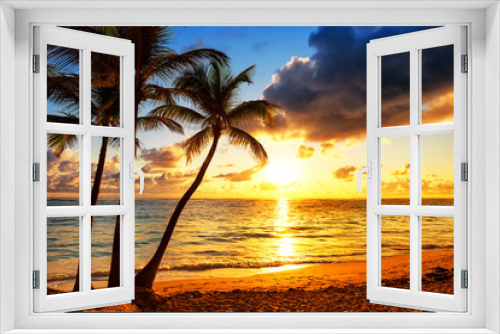 Fototapeta Naklejka Na Ścianę Okno 3D - Coconut palm trees against colorful sunset