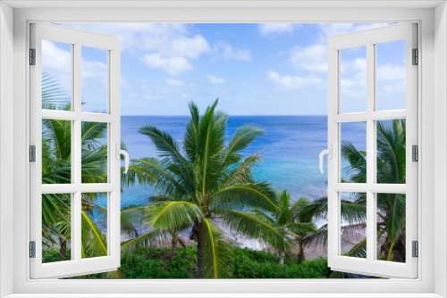 Fototapeta Naklejka Na Ścianę Okno 3D - Tropical scene palm trees and fronds, ocean and sky.