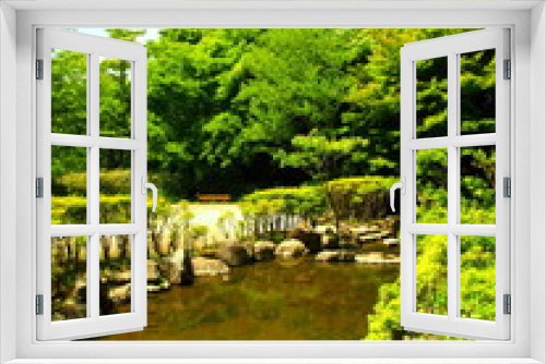 Fototapeta Naklejka Na Ścianę Okno 3D - 池と森風景