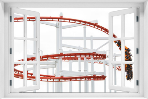 Fototapeta Naklejka Na Ścianę Okno 3D - People on red rail roller coaster