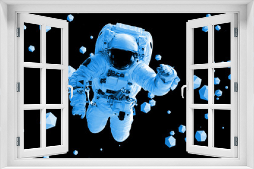 Fototapeta Naklejka Na Ścianę Okno 3D - astronaut flying between geometric objects in front of a black background