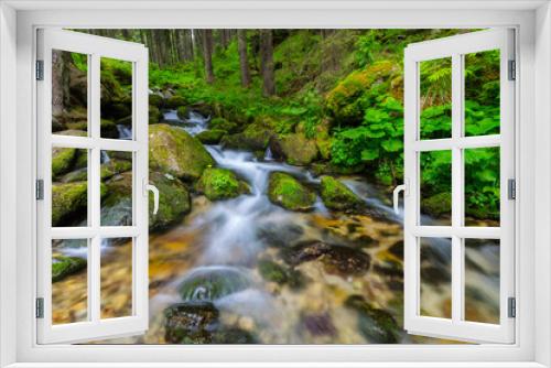 Fototapeta Naklejka Na Ścianę Okno 3D - Pristine waterfalls in a mountain forest in summer, and lush green vegetation