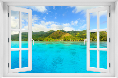 Fototapeta Naklejka Na Ścianę Okno 3D - Beautiful sea with mountain and resort background in Moorae Island at Tahiti , PAPEETE, FRENCH POLYNESIA