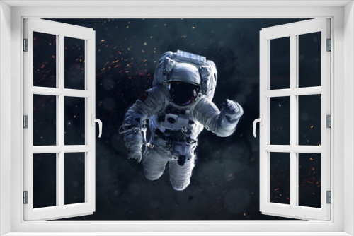 Fototapeta Naklejka Na Ścianę Okno 3D - Science fiction space wallpaper with astronaut, incredibly beautiful planets, galaxies, dark and cold beauty of endless universe. Elements of this image furnished by NASA