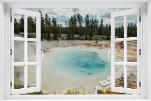 Fototapeta Naklejka Na Ścianę Okno 3D - Volcanic Hot Spring on Fountain Paint Pot Nature Trail with Hot Blue Water and Wildflowers in Yellowstone National Park