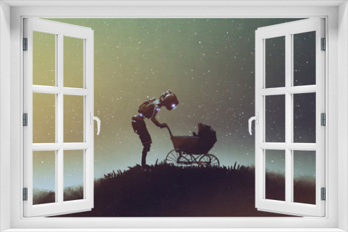 Fototapeta Naklejka Na Ścianę Okno 3D - young robot looking at baby in a stroller against starry sky, digital art style, illustration painting