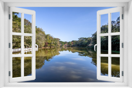 Fototapeta Naklejka Na Ścianę Okno 3D - Lake with Swan Pedal Boats at Immigrant Village Park (Parque Aldeia do Imigrante) - Nova Petropolis, Rio Grande do Sul, Brazil