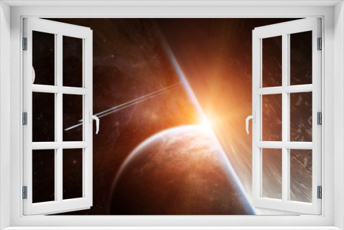 Fototapeta Naklejka Na Ścianę Okno 3D - Sunrise over distant planet system in space 3D rendering elements of this image furnished by NASA