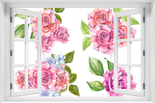 Fototapeta Naklejka Na Ścianę Okno 3D - Pink Roses With Leaves Painted In Watercolor