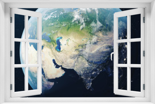 Fototapeta Naklejka Na Ścianę Okno 3D - 3D Rendering Planet earth from the space at night. The World Globe from Space in a star field showing the terrain and clouds Elements of this image furnished by NASA.