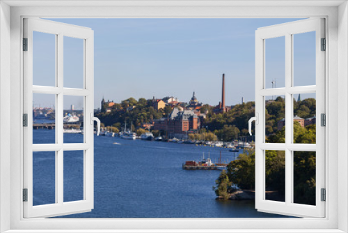 Fototapeta Naklejka Na Ścianę Okno 3D - Scenic summer aerial view of old town, city hall and central embankments with boats. Stockholm, Sweden