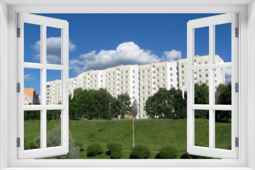 Fototapeta Naklejka Na Ścianę Okno 3D - 9 - storey residential building, panel house, city view of Minsk in sunny weather