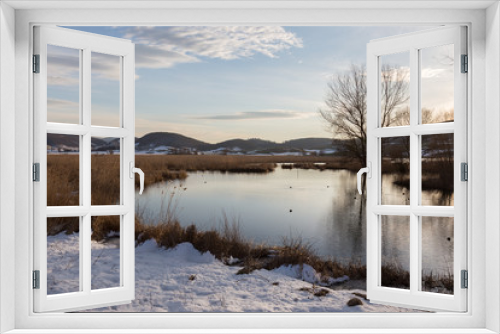 Fototapeta Naklejka Na Ścianę Okno 3D - A lake shore in winter with snow,  trees reflecting on water and a beautiful sky with white clouds and warm sunset colors