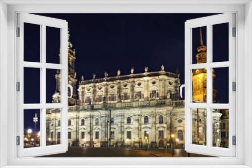 Fototapeta Naklejka Na Ścianę Okno 3D - Katholische Hofkirche, Catholic Church of the Royal Court of Saxony at Night, with the Dresden Castle beside, Dresden, Saxony, Germany, Europe