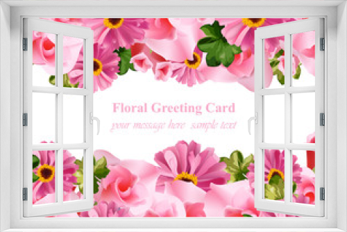 Fototapeta Naklejka Na Ścianę Okno 3D - Pink flower and roses floral card Vector. delicate summer card. Springtime fresh natural composition