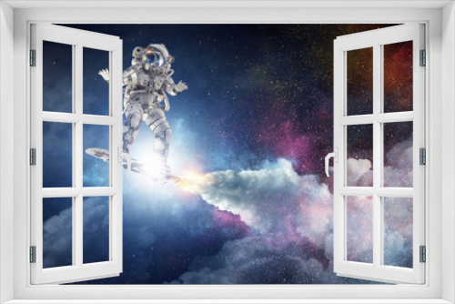 Fototapeta Naklejka Na Ścianę Okno 3D - Spaceman on flying board. Mixed media