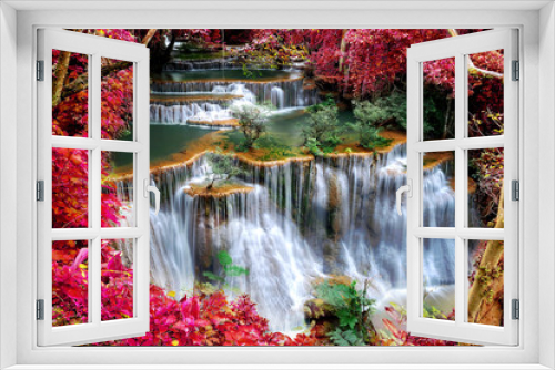 Fototapeta Naklejka Na Ścianę Okno 3D - Beautiful waterfall  landscape with red leaf frame