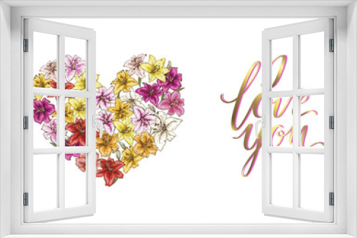 Fototapeta Naklejka Na Ścianę Okno 3D - Heart of colorful lilies and lettering I LOVE YOU.  illustration.