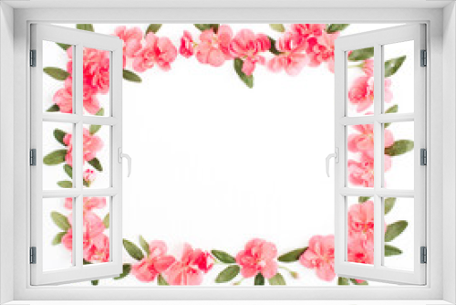 Fototapeta Naklejka Na Ścianę Okno 3D - Floral frame with space for text made of pink hydrangea flowers, green leaves, branches on white background. Flat lay, top view. Floral background. Frame of flowers.