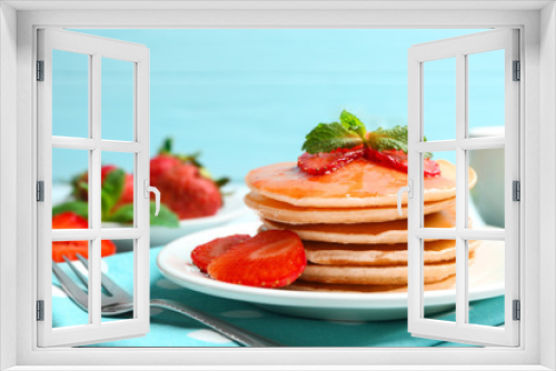 Fototapeta Naklejka Na Ścianę Okno 3D - Plate with delicious pancakes on table