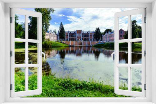 Fototapeta Naklejka Na Ścianę Okno 3D - View on Marfino palace in Moscow region and park. Antique mansion 18 century in Baroque style.Summer landscape with manor, park and pond. Summertime garden and river for prints, posters, design.